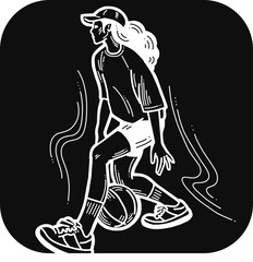 Basketball player playing with ball. Healthy funny sport activity. Trendy jumping fitness exercises for young people. Fashion sportswear. Vector illustration. Chalkboard line style character drawing.