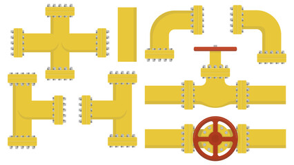 Obraz premium Set of yellow elements of the pipeline. Gas and oil industry. Vector illustration.