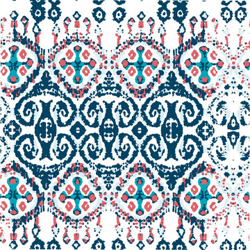 Ethnic Vector Pattern. Bohemian Peacock Print. Geometric Ikat Seamless Design. Blue and Indigo Vintage Ornament. Rhombus Watercolor Background. Abstract Modern Batik. Fashion Retro Art.