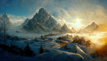 A beautiful landscape of mountains with ice and dry pine trees with autumn fantasy concept. Digital Painting Background, Illustration