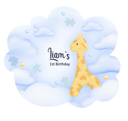 Baby shower print for a boy. 1st birthday at baby shower party. Insert your name. Delicate blue colors. Clouds and toys