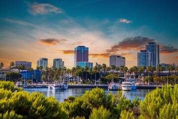 yachts and boats docked in the Harbor surrounded by blue ocean water and lush green palm trees with skyscrapers and hotels in the skyline with powerful clouds at sunset in Long Beach California USA