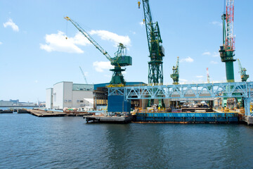 Fototapeta premium Ship yard cranes in harbour of Kobe, Japan