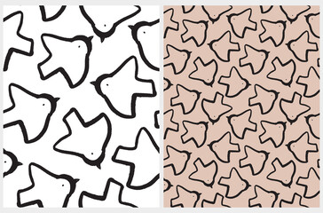 Cute Simple Seamless Vector Pattern with Black Hand Drawn Flying Birds on a White and Light Brown Background. Abstract Doves Print ideal for Fabric, Textile. Pattern with Animal Symbol of Peace. 