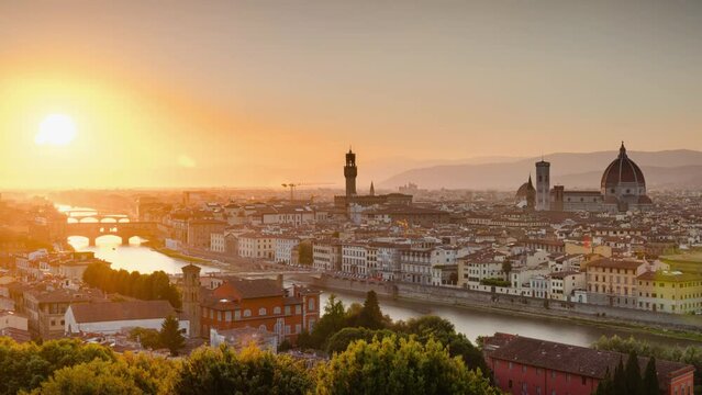 Panoramic Day to Night Time Lapse of Florence with Arno River and Cathedral, Tuscany, Italy