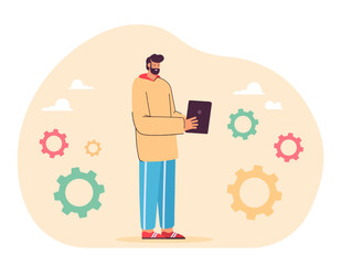 Man looking at tablet screen flat vector illustration. Programmer working on tablet. Programming, software, development, occupation concept for banner, website design or landing web page