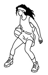 Basketball player playing with ball. Healthy funny sport activity. Trendy jumping fitness exercises for young people. Fashion sportswear. Hand drawn illustration. Cartoon line style character drawing.