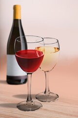 Wines assortment. Red, white wine in glasses and bottles on table background. Wine bar, shop, tasting concept