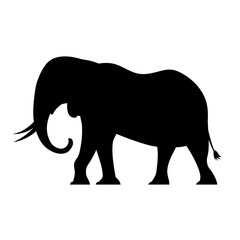 African elephant with tusks. Black silhouette. Savannah wild animal. Big herbivorous mammal. Logo design template, sign, symbol. Vector illustration isolated on white background