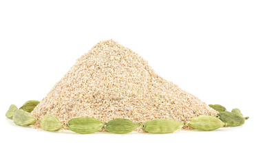 Pile of cardamom powder and cardamom pods isolated on a white background. Ground cardamom and whole capsules.