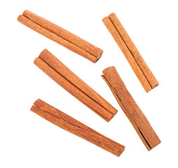 Top view of aromatic cinnamon sticks isolated on a white background. Canela spice.