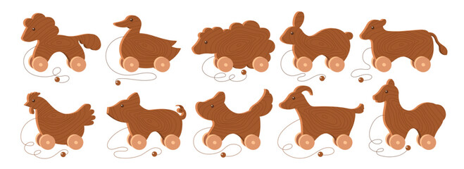 Cute animal wooden toys for kids vector illustrations set. Toys in shape of duck, bunny, horse, chicken, pig made from food for children on white background. Childhood, entertainment, animals concept