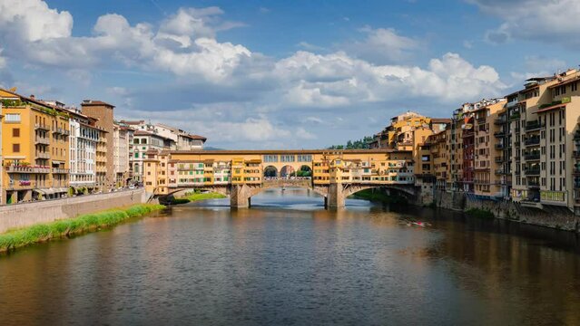 Panoramic Day Time Lapse of Ponte Vecchio in Florence with Arno River, Florence, Tuscany, Italy