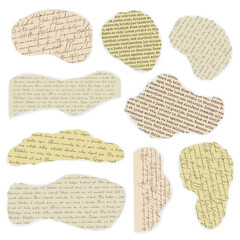 Vector torn pieces of old paper with handwpitten and typewriter text. Nine elements with tear paper effect. Sizable, editable vector.