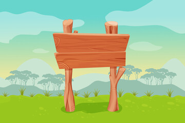 Paysage de fond de jeu avec panneau en bois de style dessin animé. Scène magique, montagnes et forêt silhouette.