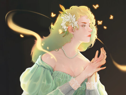 a fabulous woman surrounded by golden butterflies looks into the distance with her hands folded in a calm gesture