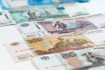 Obraz na płótnie Canvas Russian rubles background. Money background and texture. Banknotes of different denominations