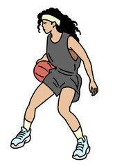 Fototapeta na wymiar Basketball player playing with ball. Healthy funny sport activity. Trendy jumping fitness exercises for young people. Fashion sportswear. Hand drawn illustration. Cartoon line style character drawing.