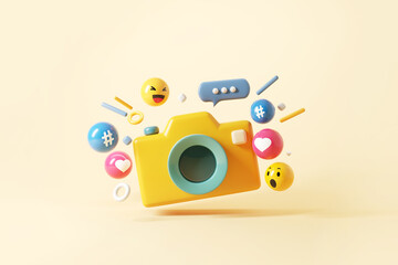 Minimal photo camera with social media notifications on pastel background. 3d render.