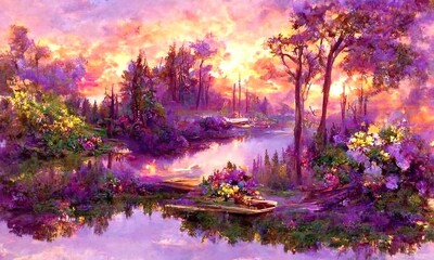 Naklejka premium Beautiful river landscape in violet and warm yellow colors. Forest on a bank of a river. Natural wallpaper. Digital painting illustration.