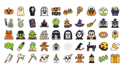 Halloween set of 50 Lineal color icon isolated on white background.