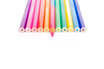 Spectrum of colorfull pencils  on white background. Back to school concept. Selective focus