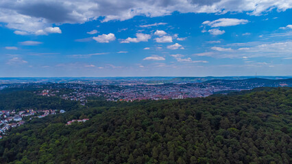 drone shot, Stuttgart panorama with a huge forest in the foreground