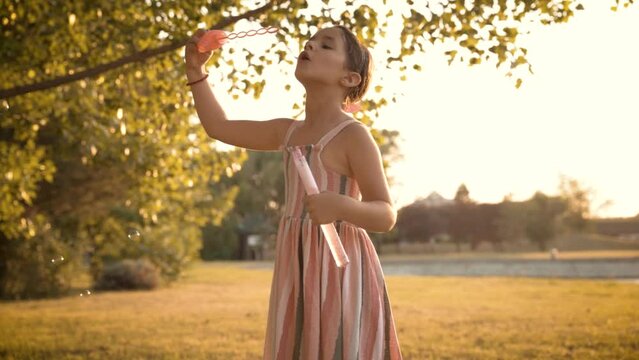 Sweet little girl walk at the meadow of the park and blowing a soap bubbles. Alone girl have a fun time with the soap bubbles and enjoy in the nature.