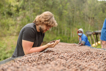 Side view of young man in glasses looking on coffee dried beans on hand at coffee farm. Anaerobic...