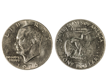Close up view of front and back side of one usa dollar silver coin dated 1974. Numismatic concept. 