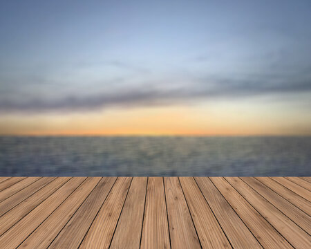wooden table with sea and sunset background