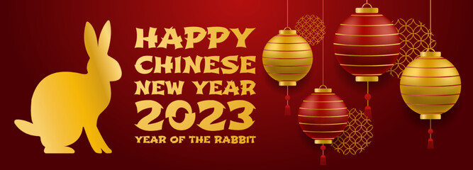 Fototapeta na wymiar Chinese new year 2023 of the rabbit with realistic, rose gold and red baubles. China gold gradient text. Golden hare on a red background. Vector illustration