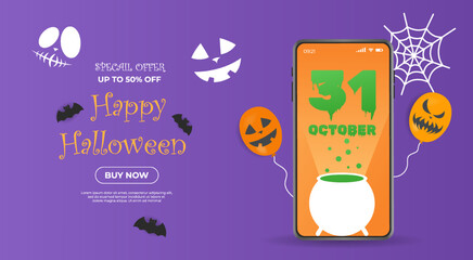 Halloween sale promotion banner with a discount offer. Happy halloween sale, realistic phone. Give voucher, banner, poster or background, realistic style, online shopping concept. Vector illustration