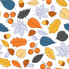 Seamless pattern with autumn leaves, mushrooms. berries, oak acorns. Simple plant abstract print. Vector graphics.