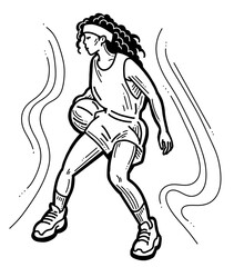 Fototapeta premium Basketball player playing with ball. Healthy funny sport activity. Trendy jumping fitness exercises for young people. Fashion sportswear. Hand drawn illustration. Cartoon line style character drawing.