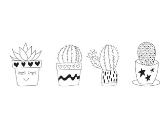 Set Cute doodle cacti in a slide. Vector illustration with cute indoor plants. cactus outline