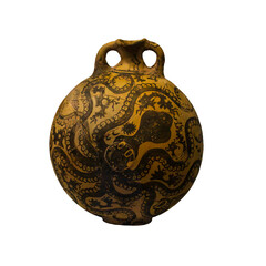 Isolated on white background clay flask decorated in the Marine Style with naturaliusm. The octopus tentacles writhe around the body of the vase
