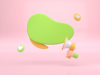 Hand holding a 3D megaphone with speech bubble. 3D Illustration