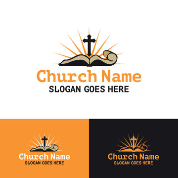 Church logo template. Christian symbols. The Bible, the cross of Jesus and the Holy Spirit (a dove).