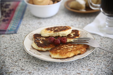 homemade pancakes with berries cherry on the table food pastry breakfast tasty