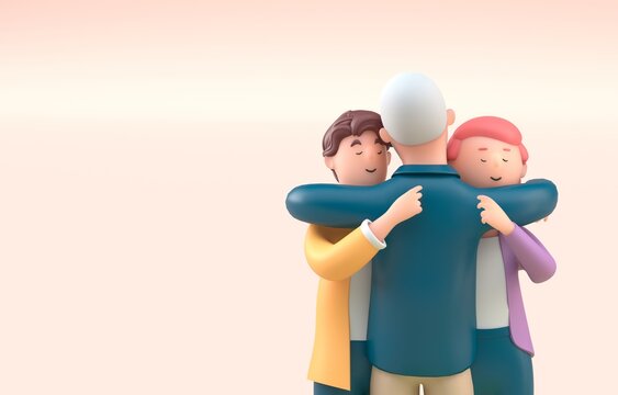 Father Hugging his Sons. 3D Illustration