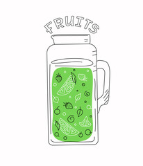 Pitcher with fruit drink  in doodle style. Fruit juice with lemons, berries, lime, mint. Vector illustration.