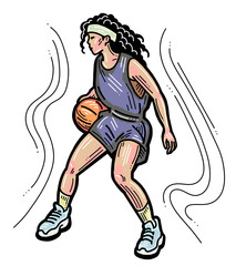 Basketball player playing with ball. Healthy funny sport activity. Trendy jumping fitness exercises for young people. Fashion sportswear. Hand drawn illustration. Cartoon line style character drawing.