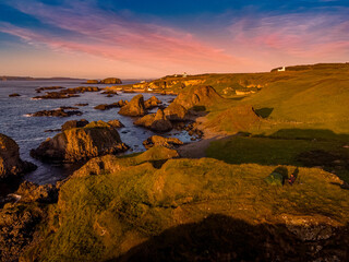 Drone photos, Wild Camping at Ballintoy during Golden Hour, Causeway Coast and Glens, International Appalachian Trail, Ulster Way hiking route, County Antrim, Northern Ireland