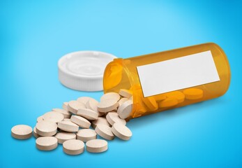 Set of pills in RX prescription drug bottle - obrazy, fototapety, plakaty