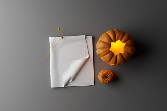 Mockup textile and many pupkins on dark table, fall mockup for your design. halloween concept 3d render