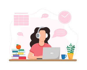 Working or studing at home. Girl sitting at table. Online education concept. Freelance.