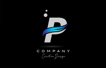 P grey alphabet letter logo icon with blue swoosh. Creative template for business and company