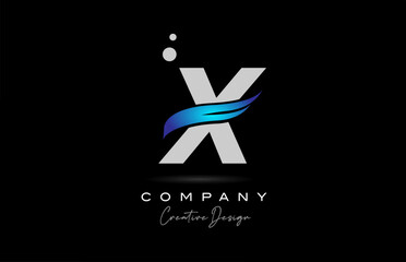 X grey alphabet letter logo icon with blue swoosh. Creative template for business and company