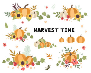 Autumn concept for Harvest festival. Pumkins with sunflowers and leaves. Background for posters, web, banners, flyers, postcards
